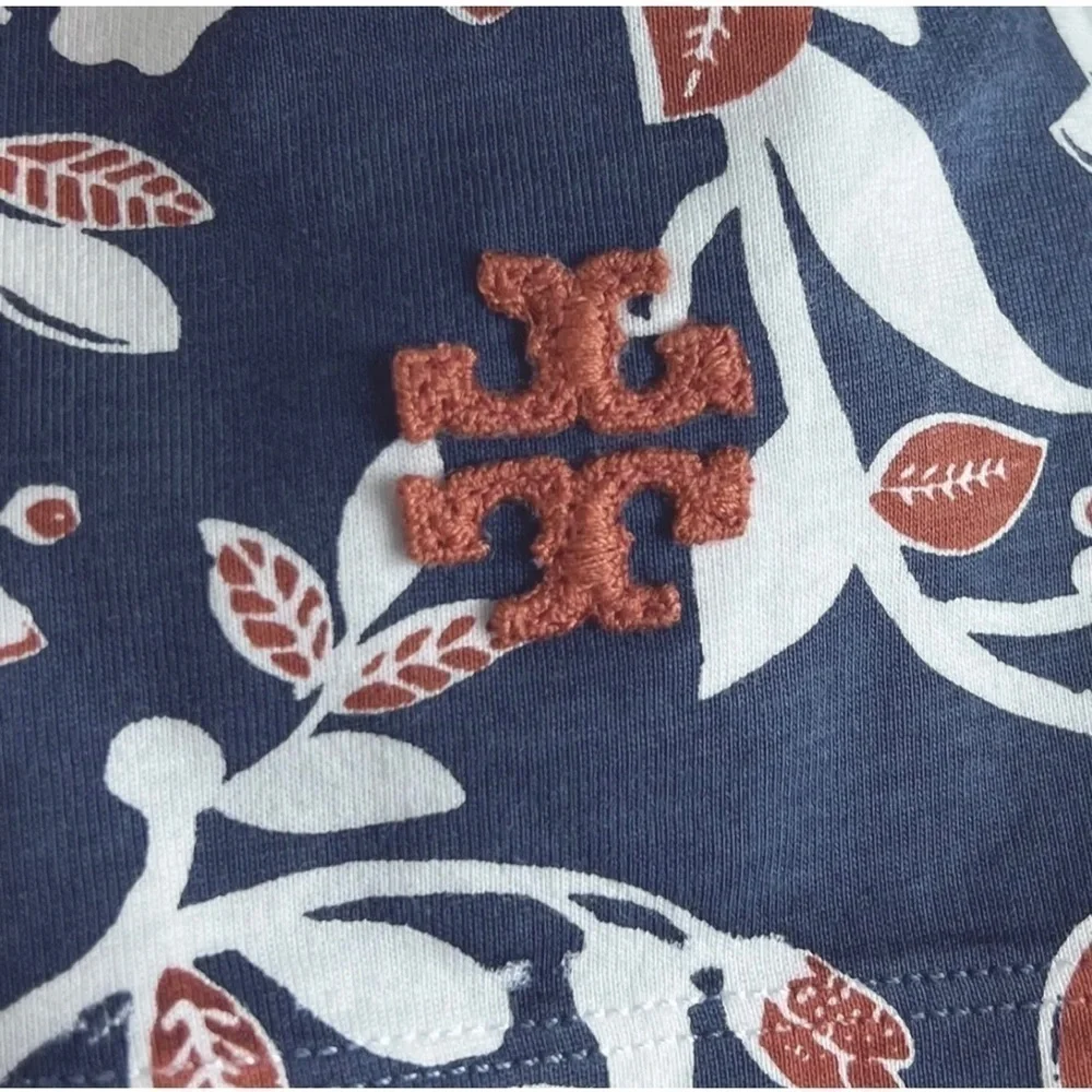 Tory Burch Womens Sz S Blue Floral Print Embroidered Logo Tee T-Shirt Top Blouse